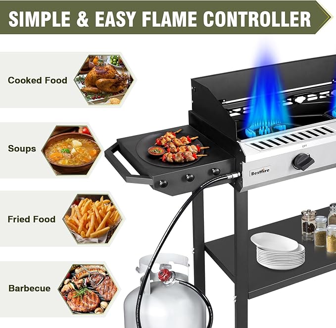 Bestfire 2 Burner Propane Stove Outdoor Camping Gas Stoves 150,000 BTU Auto Ignition with Regulator and Side Shelves Perfect for Patio Home Cooking and Frying