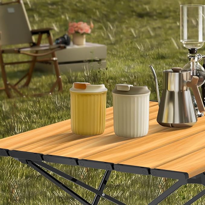 Portable Camping Table, Compact Camping Side Table with Carrying Bag, Ultralight Aluminum Beach Table Folding for Hiking, Camping, Picnicking, BBQ, Outdoor Cooking (Wood Medium 22")