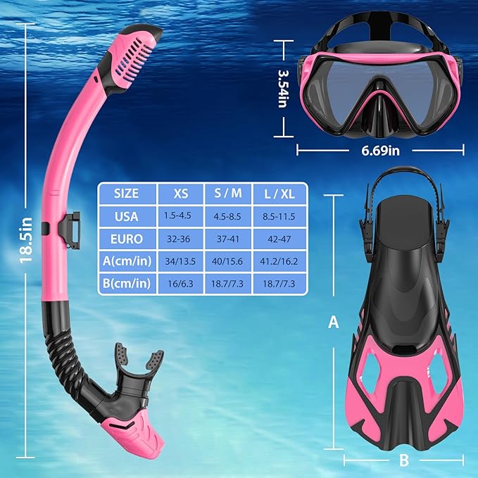 Snorkeling Gear for Adults, Mask Fin Snorkel Set, Dry Top Snorkel, Snorkeling Kit Travel Diving Package, Panoramic View Anti-Fog Anti-Leak Adjustable Swim Fins