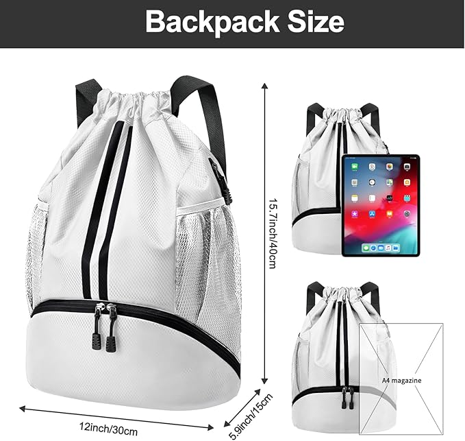 Hoedia Sports Drawstring Backpack - String Swim Gym Bag with Shoes Compartment and Wet Proof Pocket for Women and Men