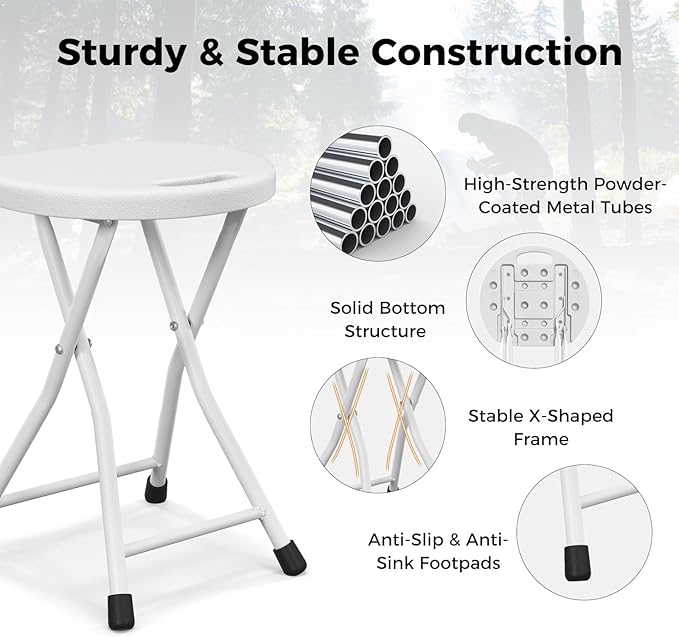 Goplus Folding Stool, 4 Pack 18 inch Foldable Camping Stool for Adults with 440 lb Capacity, Portable Plastic Fold up Stool, Collapsible Round Stool with Handle for Fishing Hiking Gardening BBQ, White