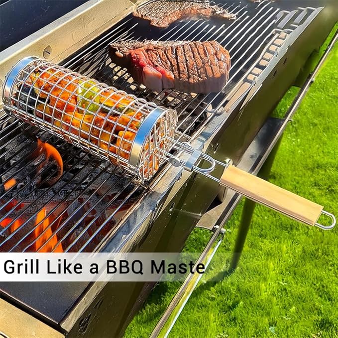 Rolling Grill Basket for Vegetables, Kebabs & Shrimp – 304 Stainless Steel BBQ Accessory with Side-Opening Design, Ideal for Outdoor Cooking & Camping