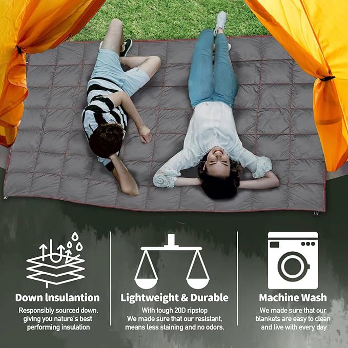 Outdoor Puffy Camping Blanket, Lightweight Down Alternative Puffy Printed Camping Large Ultra Warm Hammock Top Quilt Waterproof Blanket for Traveling Picnic Beach Party Cold Weather (Gray)