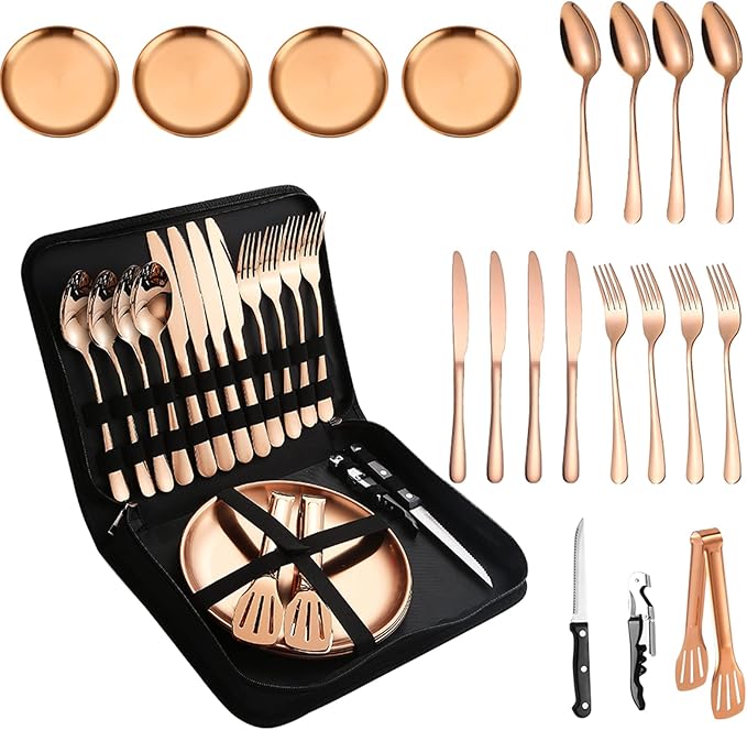 Picnic Tableware Set Camping Flatware Copper/Rose Gold Silverware and Plates Kit for 4 Portable Utensils Stainless Steel Dishes Spoons Forks Knives Bottle Opener Food Tongs