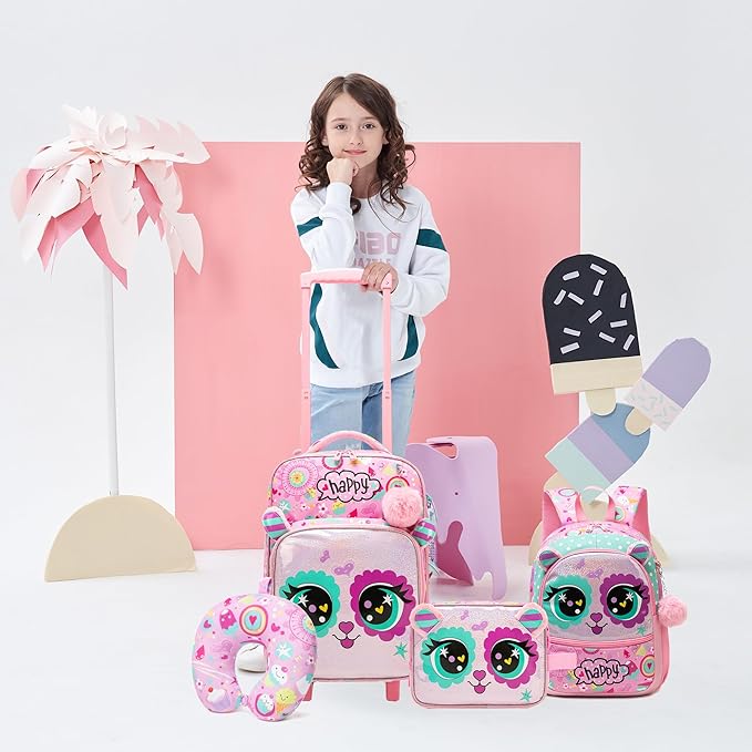 Kids Carry On Luggage with Wheels Softside Kids Suitcase for Girls Airline Approved & Girls Multi-function Carry Bag 4pcs Set