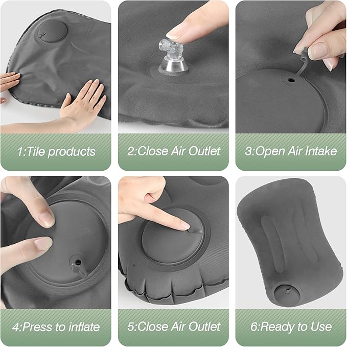 2-Pack Inflatable Camping Pillow, Portable Travel Pillow for Sleeping, Lightweight Compact Inflatable Pillows for Beach, Hiking, Backpacking, Airplane Travel, Press-to-Inflate Design (Grey)