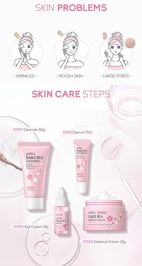 Skin Care Kit Cherry Blossom Korean Skincare Set for Teen Girls & Women Travel Sizes Hydrating Cleanser, Anti-Aging Serum, Moisturizer, Eye Cream - Radiant Gentle Skin Cleaning Mini Holiday Gift (4PC)