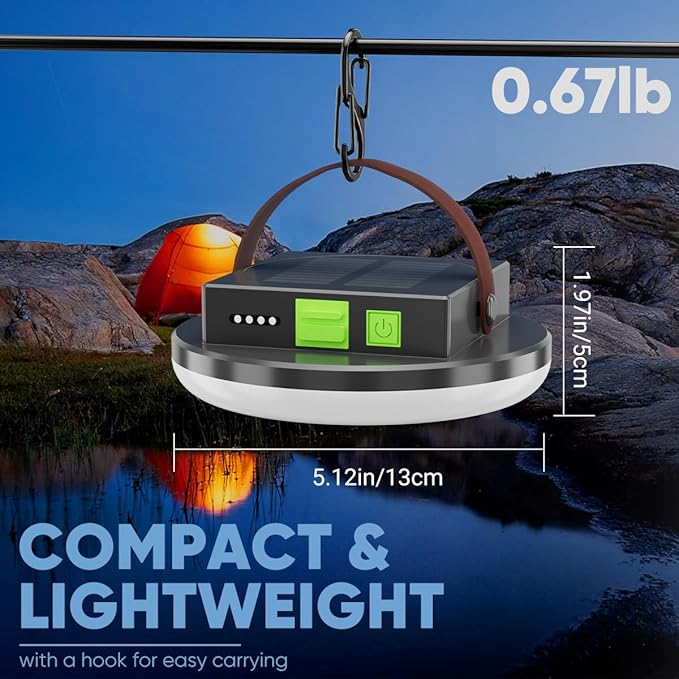 Solar Camping Lantern, Bright USB Rechargeable Camping Light, 4500LM, 4 Light Modes, Waterproof Hanging Tent Light for Camping, Hiking, Power Outages, Hurricane, Cellphone Emergency Charging