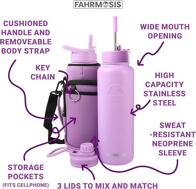 40 Oz Water Bottle with Strap Stainless Steel Sports Water Bottle with 3 Lids (Straw, Chug and Flip Lid) Insulated Leak Proof Metal Jug for Men & Women - Lavender