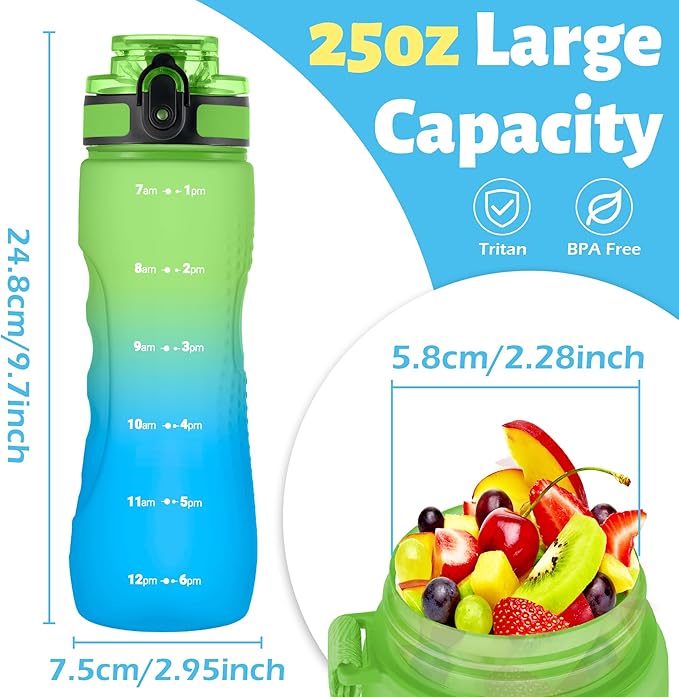 OLDLEY 25 oz Water Bottle, Motivational Water Bottle with Time Marker, Sports Water Bottle With Strap, Leakproof & BPA Free Large Water Bottles for School, Gym, Travel, Outdoor, Tritan,Green&Blue
