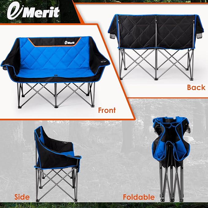 EMERIT Double Camping Chair Oversized Padded for Adults, Heavy Duty Folding Loveseat for Outdoor, Camping, Beach, Lawn, Concert 650LB