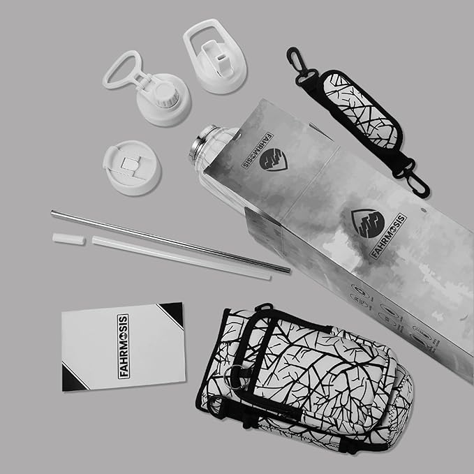 40 Oz Water Bottle with Strap Stainless Steel Sports Water Bottle with 3 Lids (Straw, Chug and Flip Lid) Insulated Leak Proof Metal Jug for Men & Women - White Marble