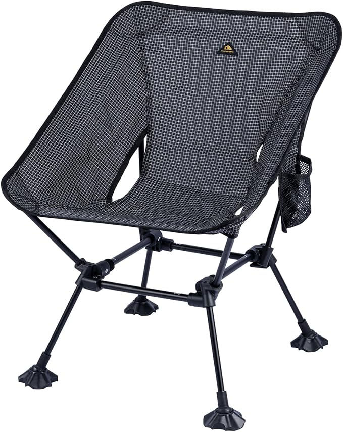 iClimb Ultralight Compact Camping Folding Beach Chair with Anti-Sinking Large Feet and Back Support Webbing (Black Grid - Square Frame - 2PC)