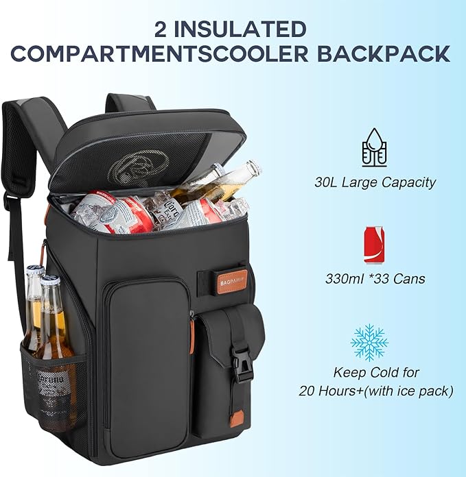 BAGPARKK Insulated Cooler Backpack,33/45 Cans Multifunctional Double Deck Leakproof Cooler Bag with Sternum Strap,Large Capacity Lightweight Travel Camping Beach Backpack