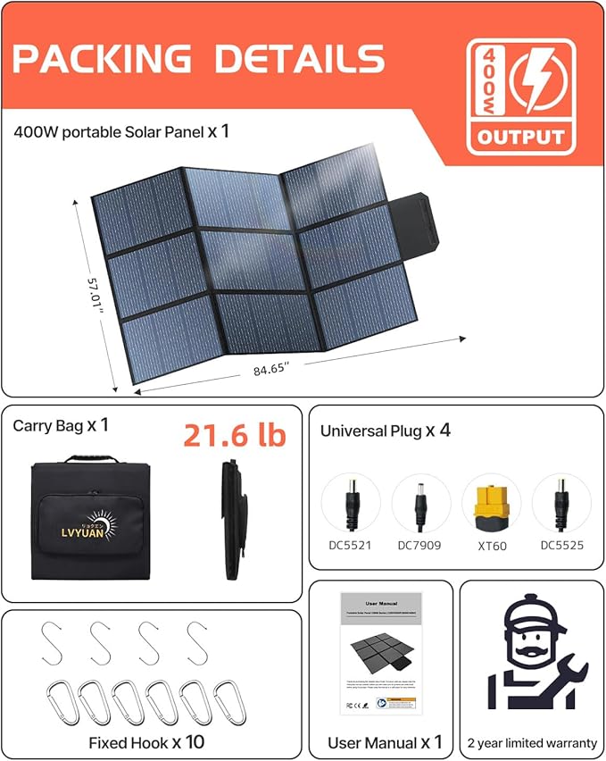 LVYUAN 400W Portable Solar Panel, 20V Foldable Pillow-Sized Solar Panel IP65 Waterproof, Upgraded 23% Efficiency for Solar Power Station Generator for Outdoor Camping Backpacking Hiking