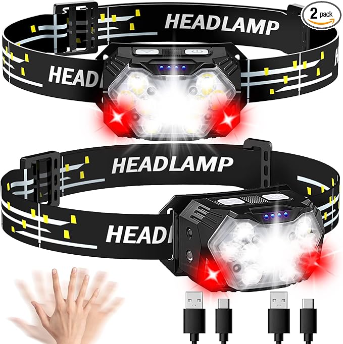 Lsnisni 9 LED Rechargeable Headlamp 2 Pack, 2000 Lumen Super Bright 10 Modes Motion Sensor Head Lamp with White Red Light, Waterproof Headlight Flashlight with USB C Cable for Camping Hiking Fishing