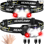 Lsnisni 9 LED Rechargeable Headlamp 2 Pack, 2000 Lumen Super Bright 10 Modes Motion Sensor Head Lamp with White Red Light, Waterproof Headlight Flashlight with USB C Cable for Camping Hiking Fishing