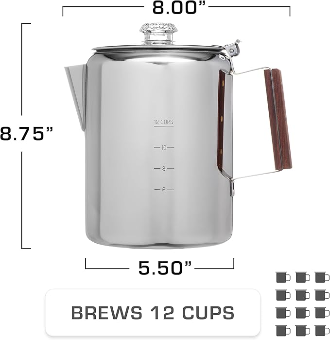 COLETTI Bozeman Percolator Coffee Pot — Camping Coffee Pot, Camping Coffee Makers – America’s Favorite Percolator – NO Aluminum or Plastic [12 cup]