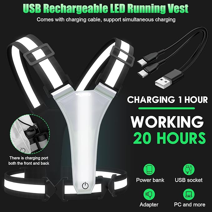 LED Reflective Vest Running Gear, 5 Colors Lights Up Running Vest for Night Walking Cycling Jogging, Adjustable Size for Men Women Kids, Rechargeable and High Visible