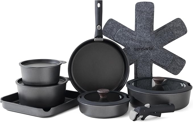 SENSARTE 17 Piece Pots and Pans Set, Nonstick Detachable Handle Cookware Set, Induction Kitchen Cookware Set with Removable Handle, Healthy Non Stick for RV, Dishwasher ＆ Oven Safe, PFOA Free (Black)