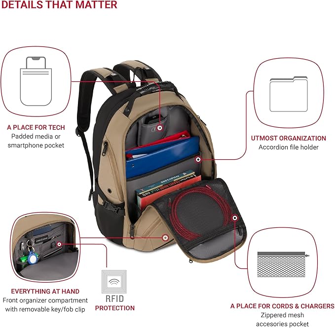 SwissGear 1900 ScanSmart 17” Laptop Backpack Brown– Reflective Tech Backpack with ScanSmart Compartment – Multiple Organizer Pockets & RFID Scan Blocking Technology
