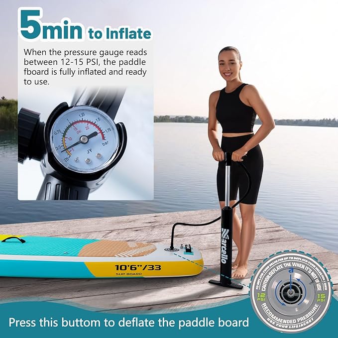 Paddle Board, Inflatable Stand Up Paddle Board，10.6'×33"×6" Ultra-Light SUP Board with Hand Pump, Leash, Repair Kit, Waterproof Phone Case and Backpack