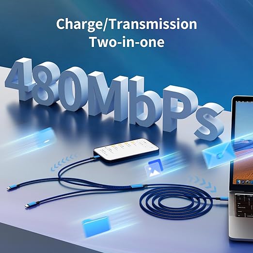USB C Multi Charging Cable, 2Pack 5FT Multiple Charger Cord, 3 in 1 Universal Charger Cable with Type-C/Micro USB and IP Port, Compatible with Most Cell Phones-Blue