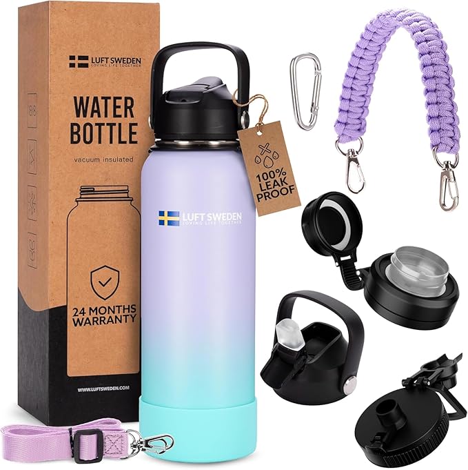LUFT SWEDEN 40 oz Lavender Insulated Water Bottle with Straw Lid – Stainless Steel, Leakproof, BPA-Free & Dishwasher Safe – Double Wall Reusable Gym Flask – Keeps Drinks Ice-Cold All Day