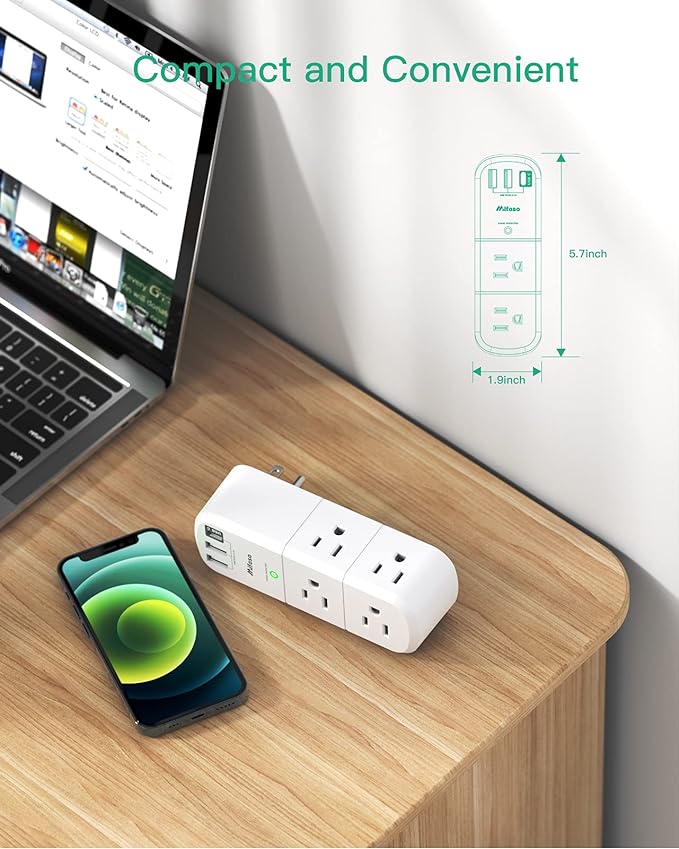 Outlet Extender with Rotating Plug, Mifaso Surge Protector 6 AC Multi Plug Wall Outlets and 3 USB Ports, 1800 Joules, 3-Sided Swivel Power Strip Spaced Splitter for Home, Travel, Dorm Room Essentials
