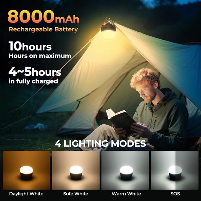 LED Camping Lantern, 8000mAh Rechargeable Camping Tent Light with 4 Light Modes, 6 Brightness Adjustable Tent Lamp, Waterproof Emergency Hanging Lantern for Hurricane, Power Outages, Home, Hiking