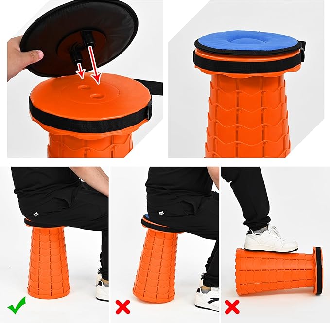 2 Pack Upgraded Collapsible Stool Folding Stool with Cushion,Retractable Folding Stool Max Load Capacity 400lbs, Portable Telescoping Stools for Camping Hiking Outdoor BBQ -Orange