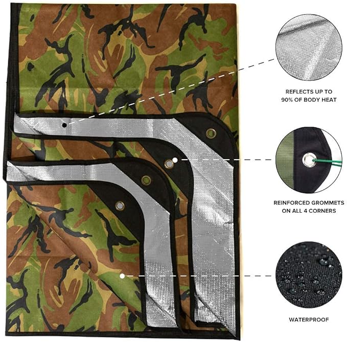 Arcturus Insulated Tarp, Reusable Heavy Duty Thermal Survival Blanket – 60x82in, Reflects 90% Body Heat, Waterproof, Windproof, 3-Layer Design, Reinforced Grommets, Woodland Camo