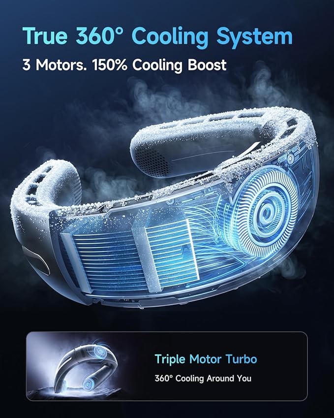 SWEETFULL Neck Fan, 3 Turbo Portable Fans with Neck Support, 4 Speed & LED Display, 5200mAh Rechargeable Personal Fan, Hand-Free Wearable Bladeless Cooler, Gift for Travel Birthday, Men, Women (Black)