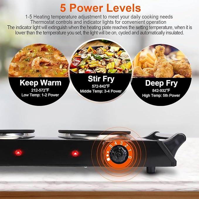 Hot Plate, 2000W Portable Electric Stove for Cooking with Stay Cool Handles & 5 Levels Adjustable Temperature, Countertop Double Coil Burner for RV Home Camp Compatible for All Cookwares,Black