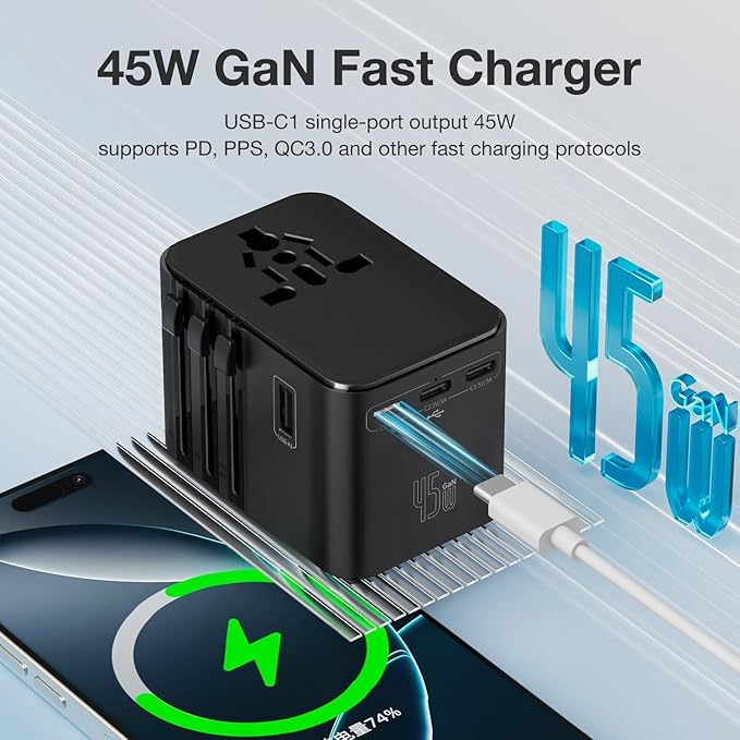 45W Universal Travel Adapter – Compact Plug with 3 USB-C & 2 USB-A Ports for EU/UK/US/AU, International Power Adapter Worldwide Charger, CE/FCC/RoHS Certified (Black)