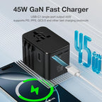 45W Universal Travel Adapter – Compact Plug with 3 USB-C & 2 USB-A Ports for EU/UK/US/AU, International Power Adapter Worldwide Charger, CE/FCC/RoHS Certified (Black)