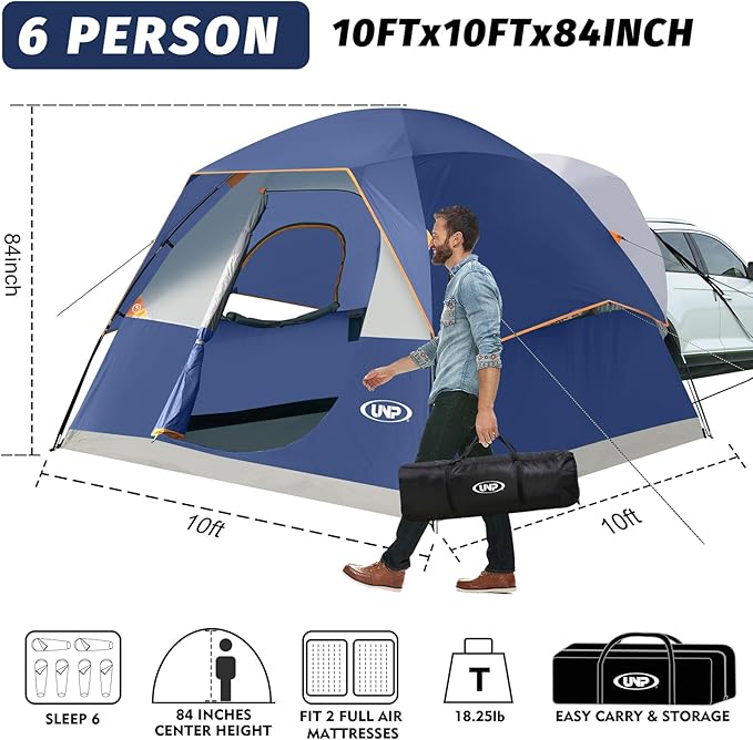 UNP SUV Dome Tent for Camping, Outdoor 6 Person Car Camping Tent, Easy Set Up SUV Tailgate Tent with Rainfly 10' x 10' Vehicle Camping Tent