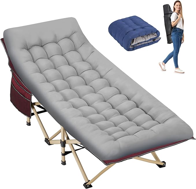Folding Camping Cot for Sleeping, Portable Cots for Adults, Heavy Duty Cot Bed 550LBS(Max Load), Extra Wider Cots with Large Pocket for Outdoor, Office, Beach