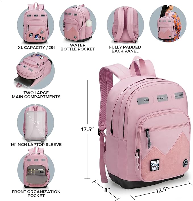 Swissdigital Design Big Student Laptop Backpack with Fun Personalized Patches For College Boy & Girl, Middle High School Teen Bookbag Cool Travel Daypack Pink -Includes 3 Patches | SD1718-81