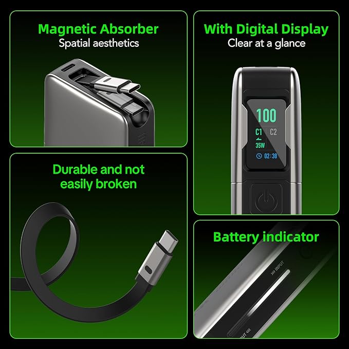 45W Power Bank, Portable Charger Built-in Retractable Cables with LED Display, 10000mAh 2 USB-C Fast Charging Powerbank for iPhone 16/15 Series, MacBook, and More