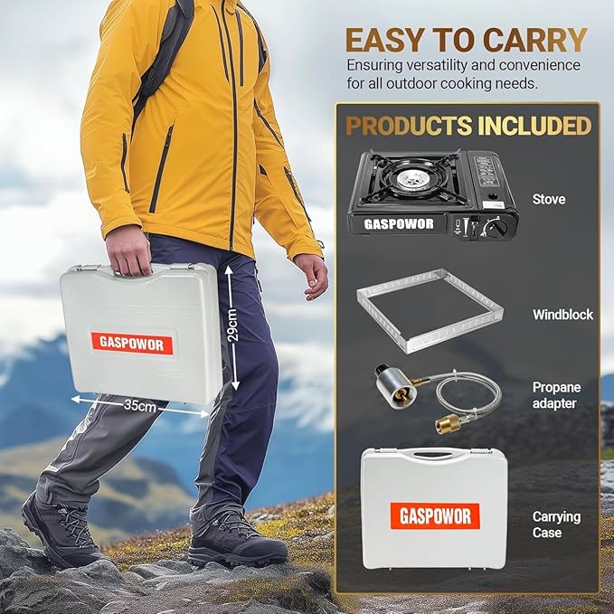 Dual Fuel Camp Stove with Windblocker, Propane or Butane Stove10000 BTU With Propane Adapter Hose and Carrying Case Propane Stove for Camping,Gas Portable Stove for Huting, Hiking（Fuel not included）