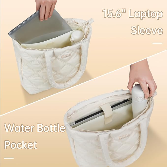 Puffer Tote Bag for Women, Quilted Bag with Zipper, Small Tote HandBags for Work, Travel