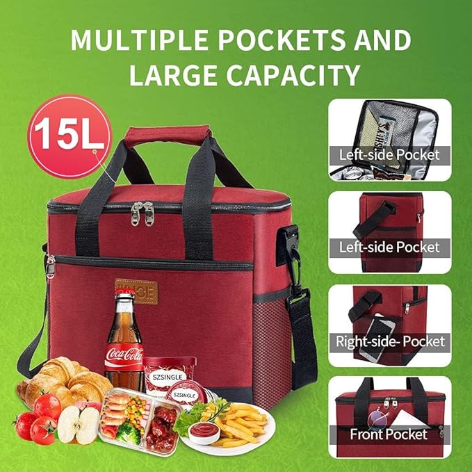 iknoe Large Cooler Bag Collapsible, 15L Insulated Bags, Leakproof Lunch Cooler Tote with Multi-Pockets for Adult, Insulated Lunch Box for Beach, Picnic,Work, Red 24-Can