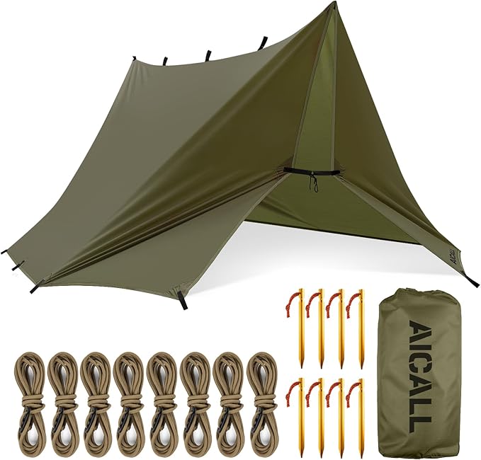 Waterproof Camping Tarp 10 x 10ft Survival Tent Backpacking Portable Tarp Multifunctional Anti-UV Shelter for Outdoor (Olive Green)