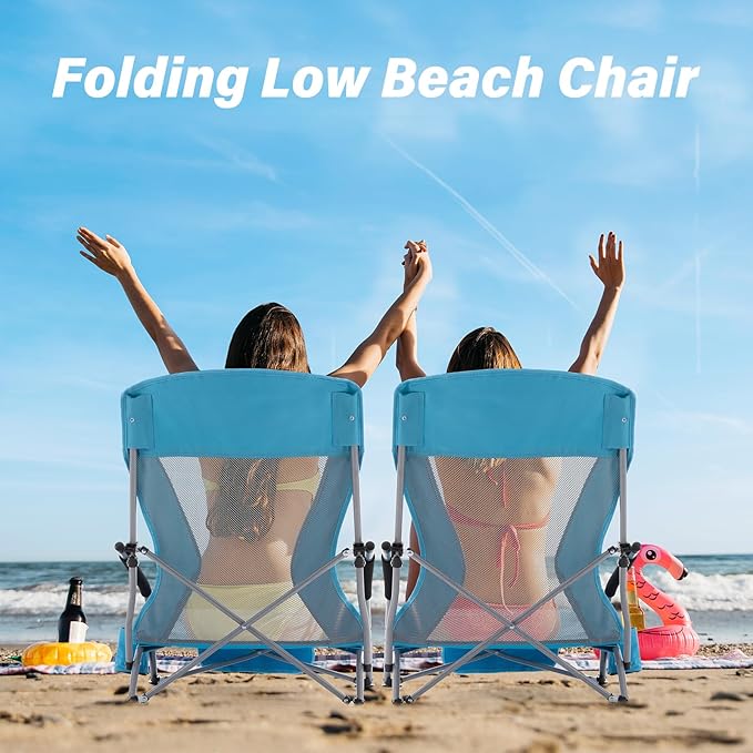 Homcosan Portable Low Folding Beach Chairs Set of 2 - Lightweight Camping Chairs for Adults with Cup Holder & Storage Pockets, Carry Bag Included (Blue)