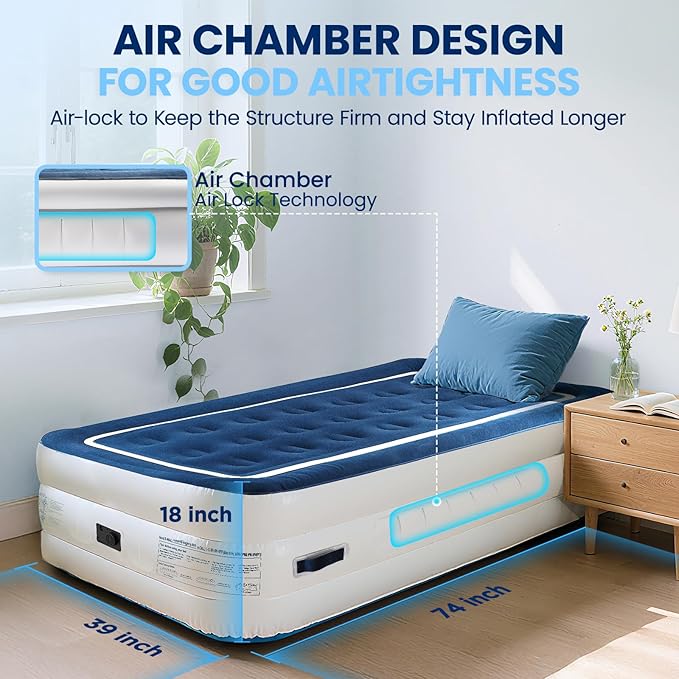 KINGJERRY Twin Air Mattress with Built in Pump and 4 Portable Handles, 18" Raised Comfort Blow Up Mattress for Guests, 440lb Support Air Bed with Carry Bags, Heavy Duty Inflatable Bed for Home&Camping