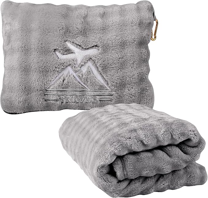 Travel Blanket and Pillow-2-in-1, Ultra-Soft&Compact, One-Piece Airplane Blanket with Hand Luggage Belt and Backpack Clip,Travelers Accessories Gifts, 61x43 Inches (Gray)