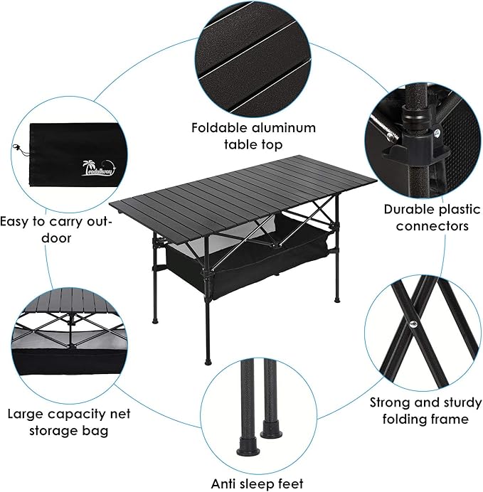 LEADALLWAY Folding Camping Table with Large Storage and Carrying Bags 47(L) x22(W)