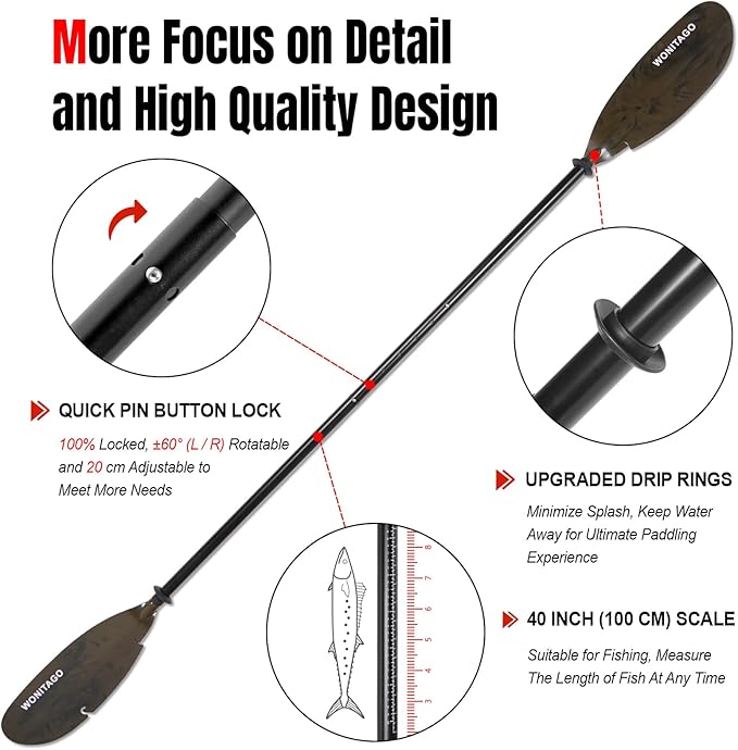 Angler Kayak Paddles Aluminum Paddle with Plastic Blades and Paddle Leash, Floating Adjustable Fishing Kayak Oars, 3 Piece, 230-250cm/90-98 inch
