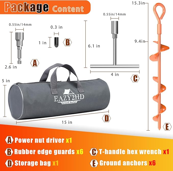 Eazy2hD 6 Pack Tent Stakes Heavy Duty, 15 Inch Ground Anchors Screw in, Metal High Winds Trampoline Stake with Nut and Tool, Spiral Anchor Kit for Camping, Shed, Swing Set, Canopy, Car Ports
